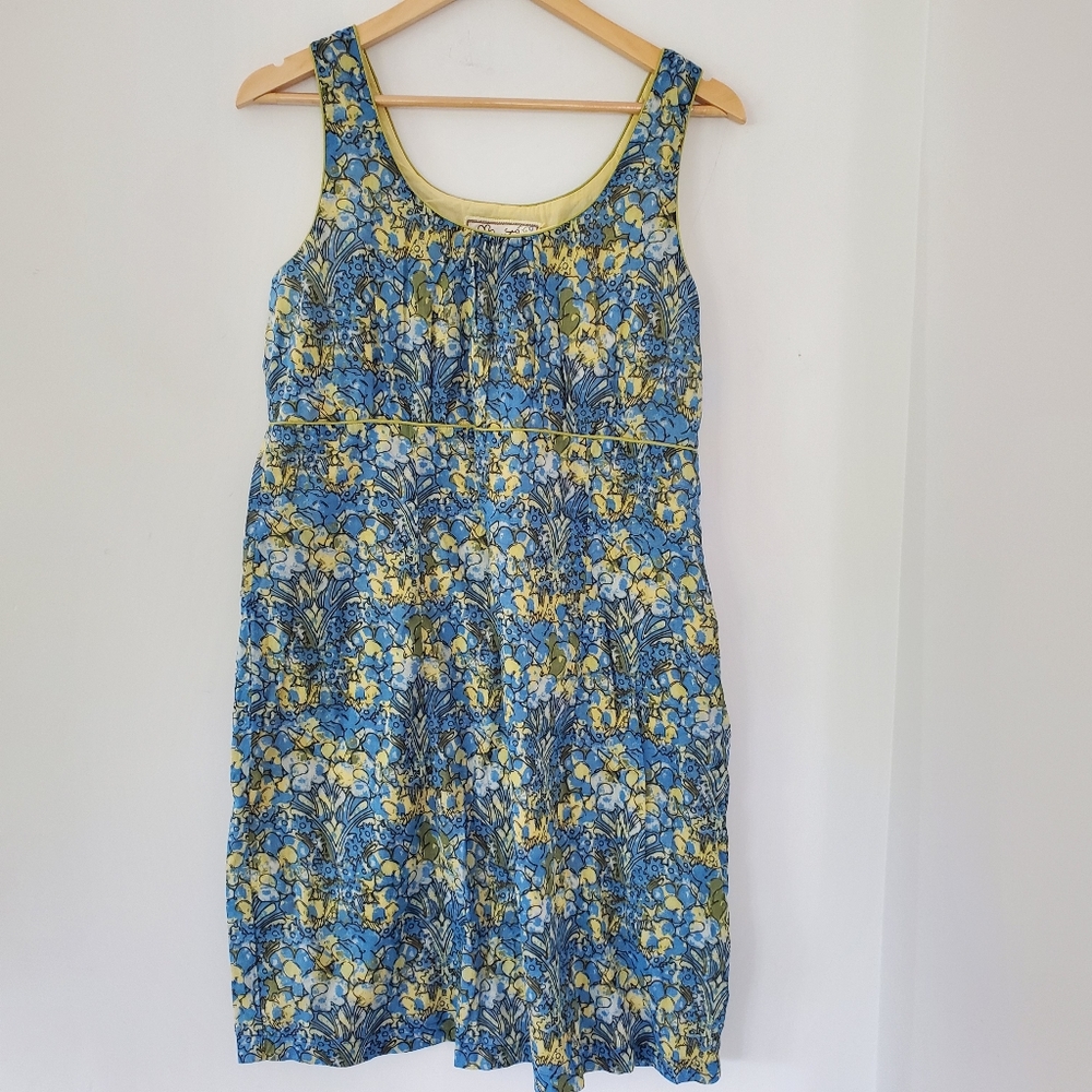 AVENTURA Sz 12 Blue Yellow Green Floral Organic Cotton Dress Sleeveless Natural